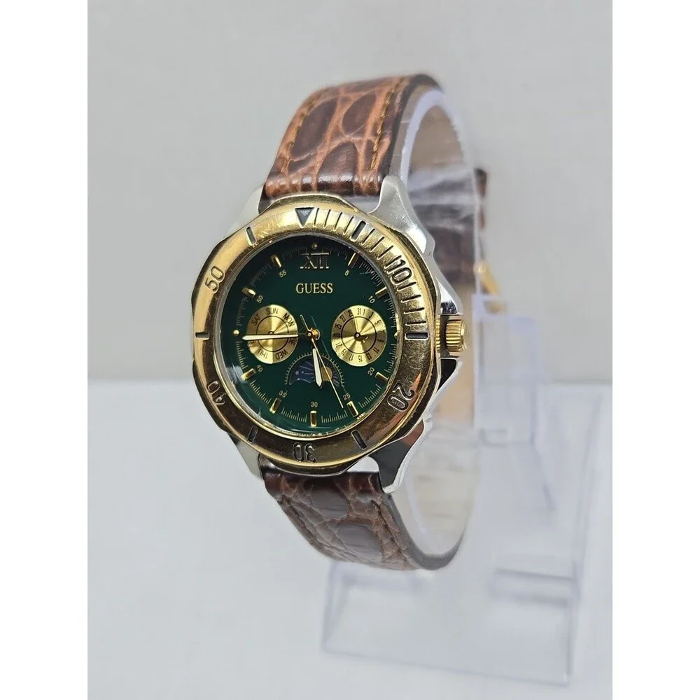 Vintage Guess 41mm Waterpro Moon Phase Day Date Green Mens Watch New Battery